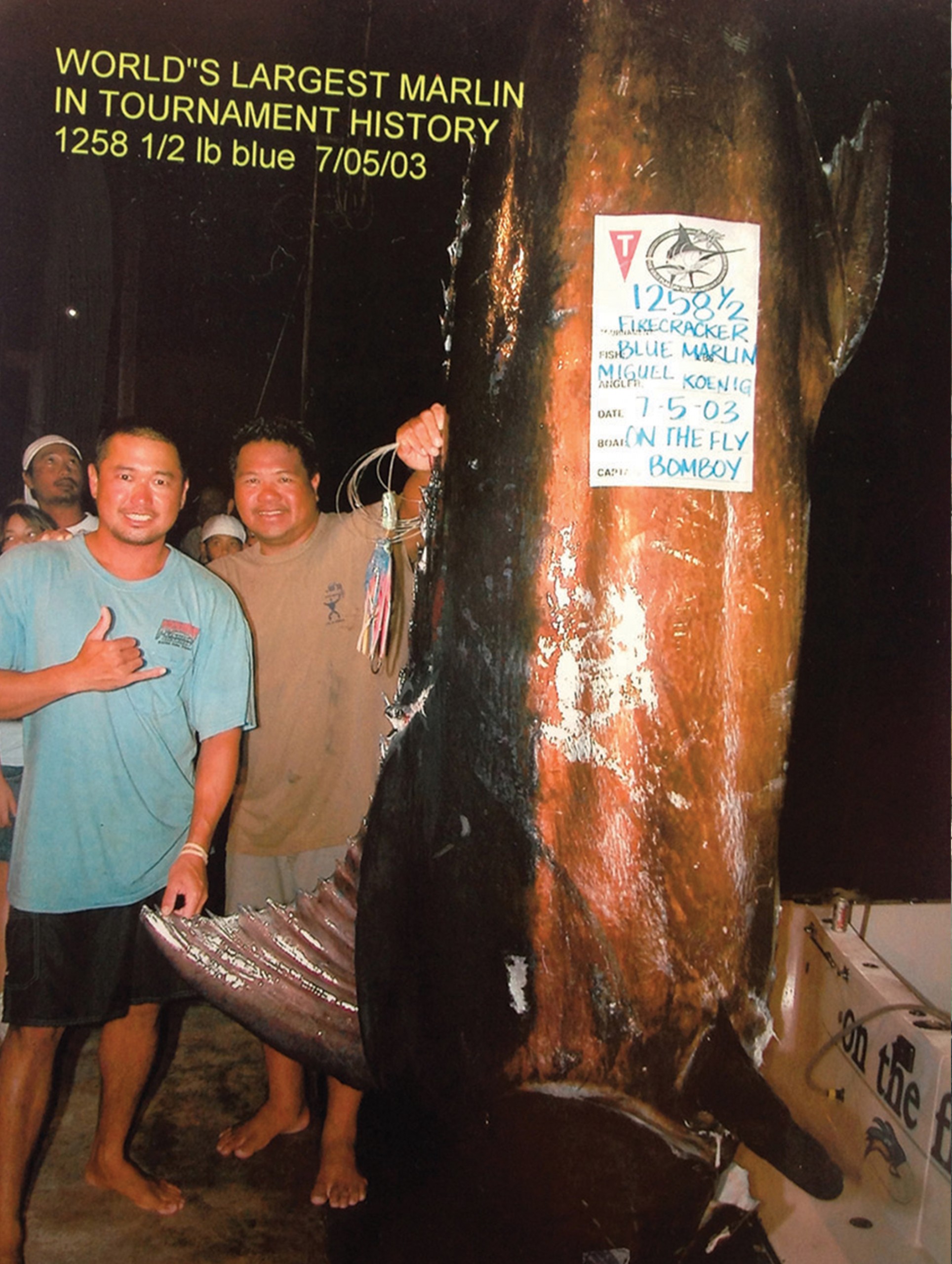 1258.5 lb marlin hanging from scale