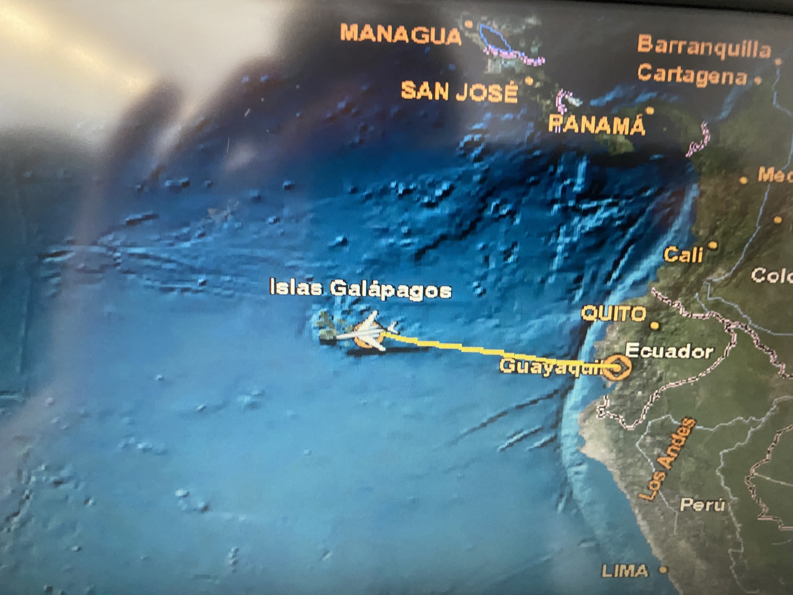map showing plane flying to Galapagos