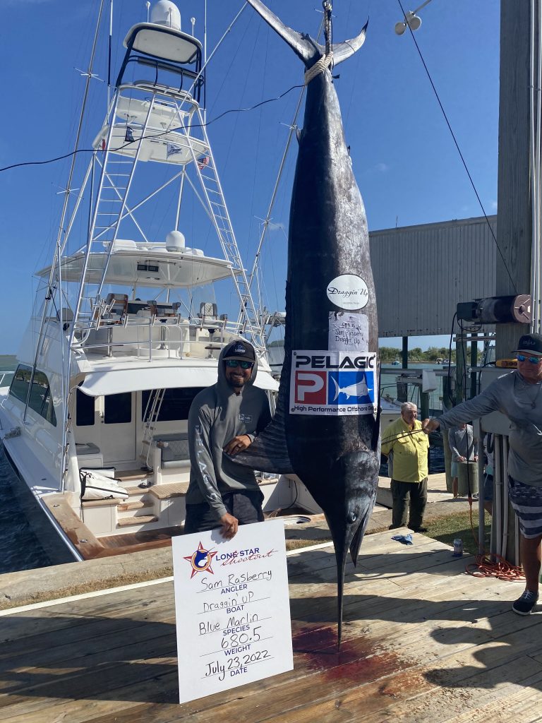 Angler Sam Rasberry posing with a 680.5-pound blue marlin.