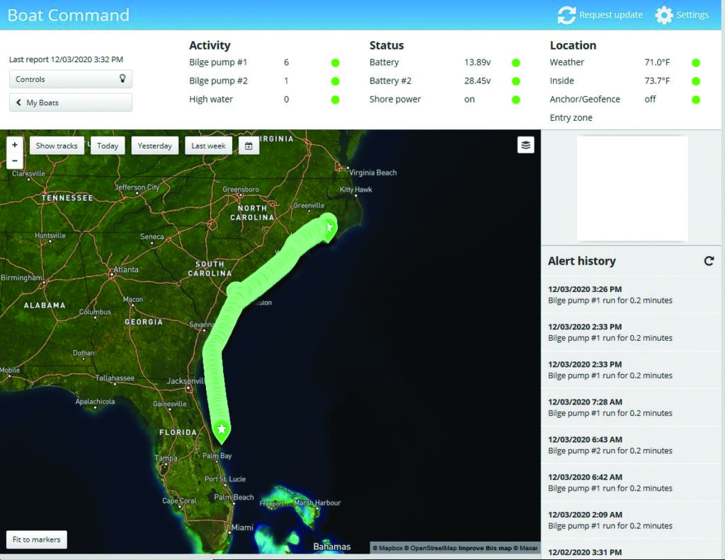 A map of the East Coast in a boat monitoring program.