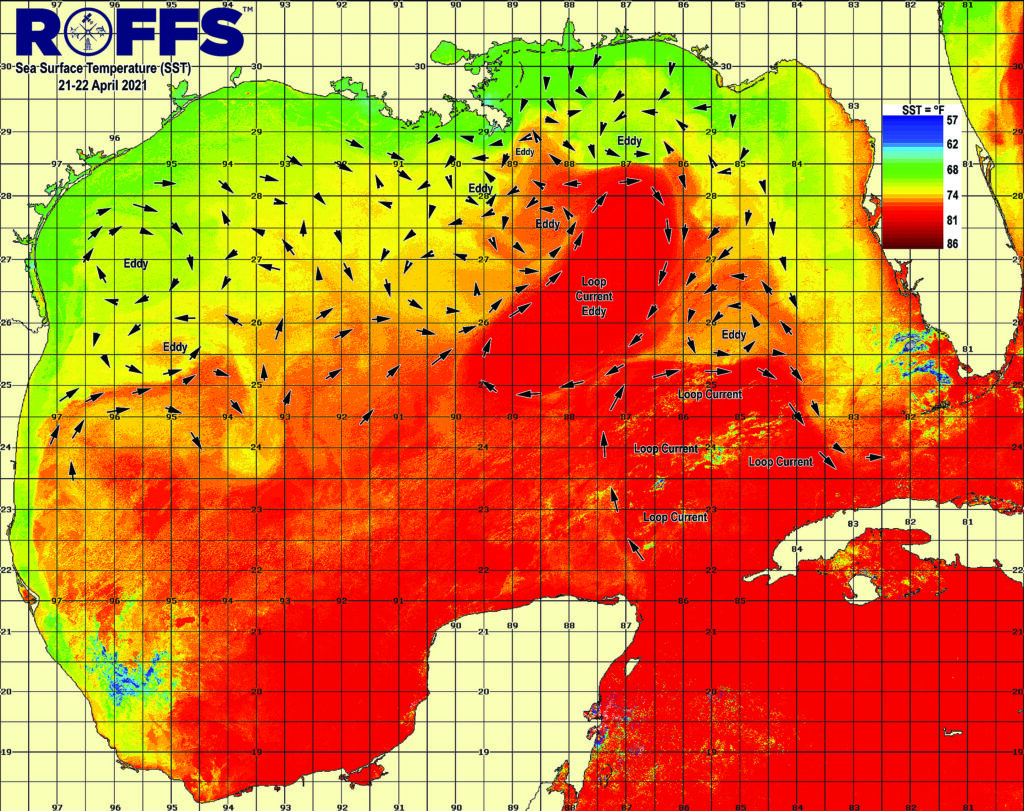 A map of sea-surface temperatures throughout the Gulf Coast.
