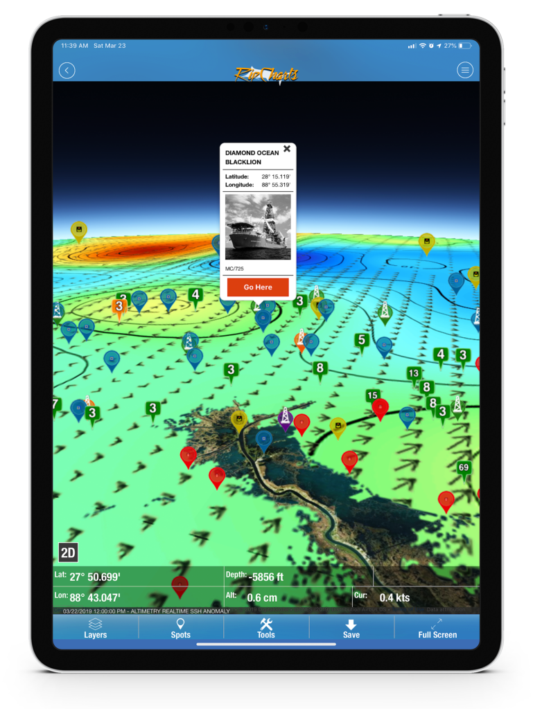 A smartphone app displaying charter fishing routes in the Gulf Coast.